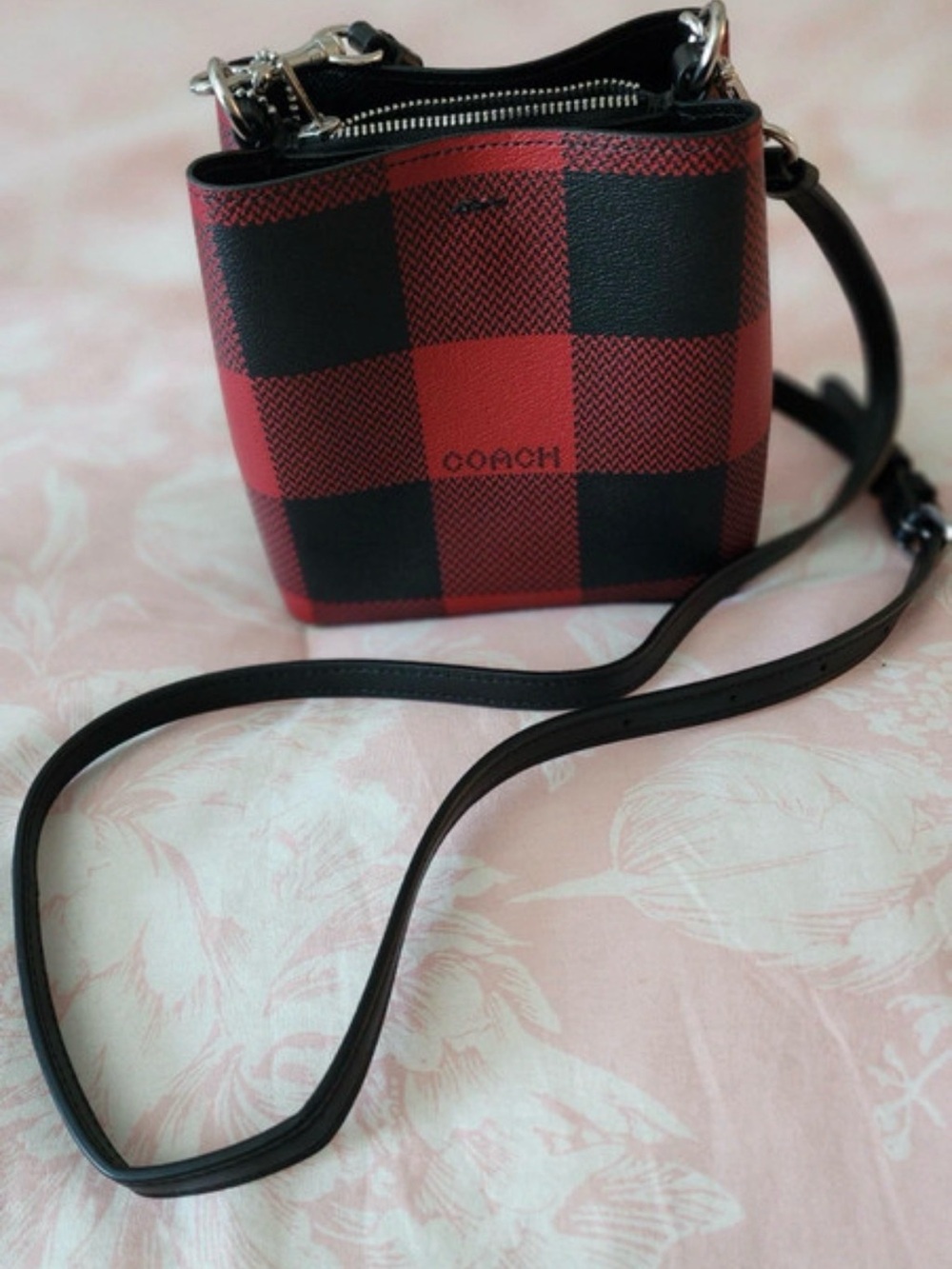 Coach Red and Black Buffalo Check Crossbody Bucket Bag
